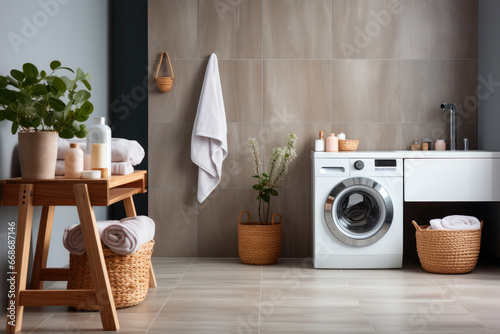 Interior of home laundry room with modern washing machine © Sunshine