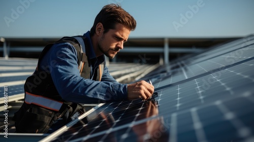 Engineer is checking on solar panels on the rooftop. © visoot
