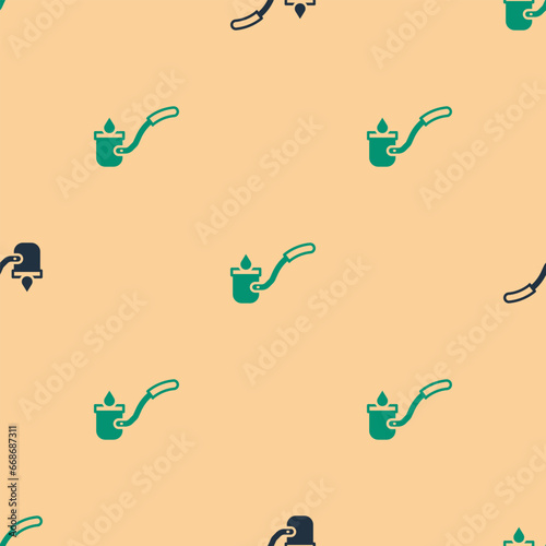 Green and black Sauna ladle icon isolated seamless pattern on beige background. Vector