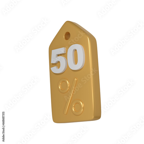 3d render Black Friday illustration with modern golden tag with sale 50 percent mock up design. Discount, special offers promotion, shop advertisement