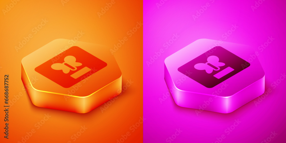 Isometric Butterfly in a frame icon isolated on orange and pink background. Herbarium. Hexagon button. Vector Isometric Butterfly in a frame icon isolated on orange and pink background. Herbarium. Hexagon button. Vector