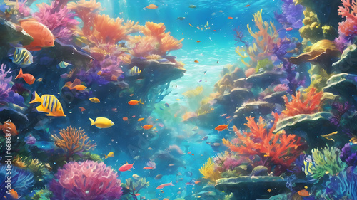 Journey to the Underwater Realm  A 2D Blue Illustration of Marine Life  Coral Reefs  and Diverse Ocean Wildlife