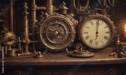 Steampunk background. Mechanisms, gears, light bulbs and clocks