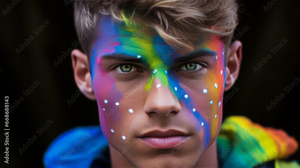 Portrait photo, male model, with rainbow colors on face, copy space, 16:9