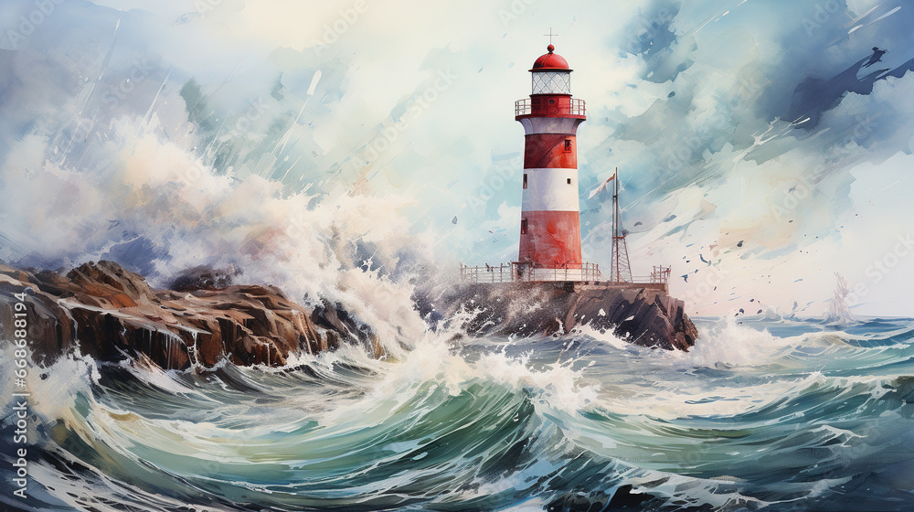 Beautiful watercolor painting of lighthouse in the stormy sea in an influential and harmonious style of colors. Zen style.
