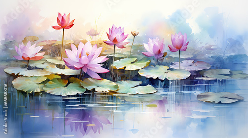 Beautiful watercolor painting of lotus flowers and leaves in a pond, in an influential and harmonious style of colors. Zen style.