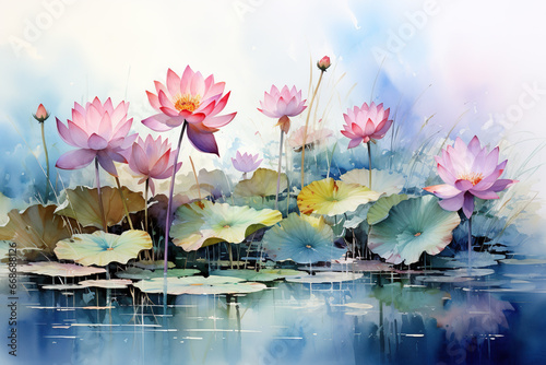 Beautiful watercolor painting of lotus flowers and leaves in a pond, in an influential and harmonious style of colors. Zen style.