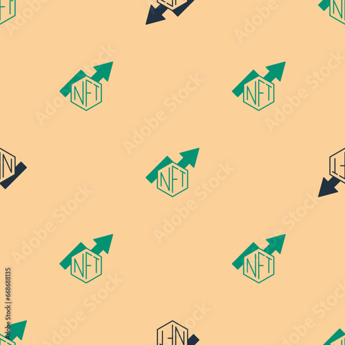 Green and black NFT growth bar chart icon isolated seamless pattern on beige background. Non fungible token. Digital crypto art concept. Vector