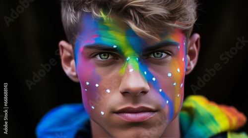 Portrait photo, male model, with rainbow colors on face, copy space, 16:9