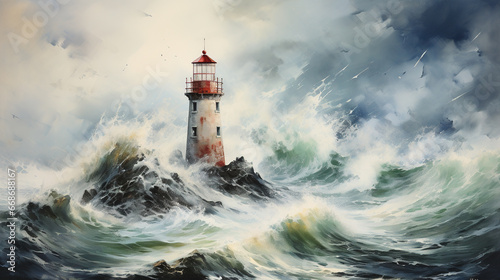 Beautiful watercolor painting of lighthouse in the stormy sea in an influential and harmonious style of colors. Zen style.
