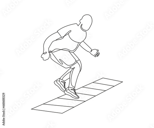 Ladder quick feet exercise Line drawing isolated on copy space white background, ladder quick feet drills exercise editable vector illustration, Continuous one line drawing, work out outline clip art