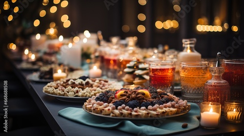 Christmas dinner table full of dishes with food and snacks on a green tablecloth  festive feast with a variety of food. Concept  Buffet  catering