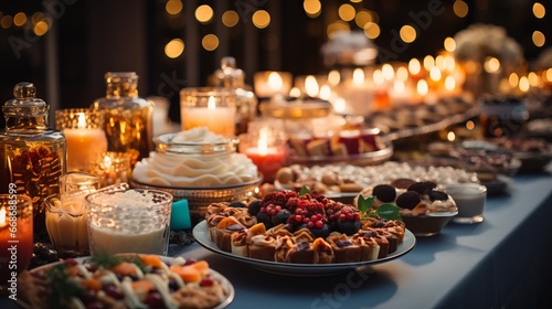 Christmas dinner table full of dishes with food and snacks on a green tablecloth, festive feast with a variety of food. Concept: Buffet, catering