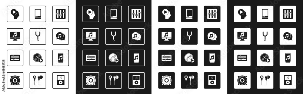 Set Sound mixer controller, Musical tuning fork, Computer with music note, Head people play button, speech bubble, Voice assistant, player and icon. Vector Set Sound mixer controller, Musical tuning fork, Computer with music note, Head people play button, speech bubble, Voice assistant, player and icon. Vector