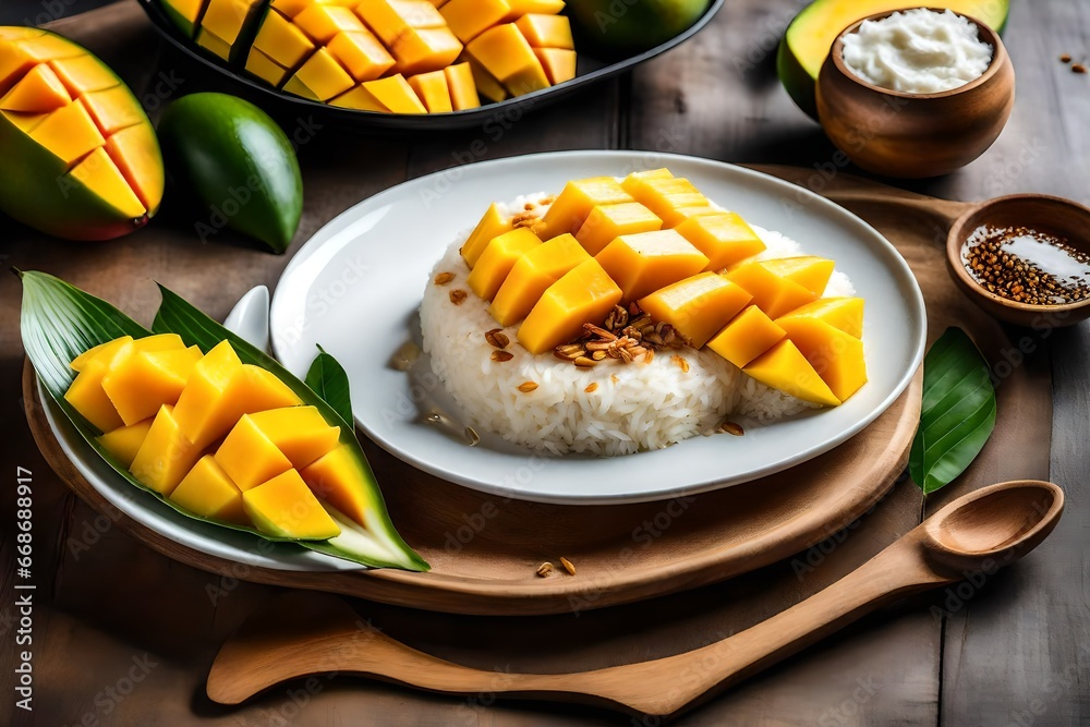 A mouthwatering plate of mango sticky rice, served with ripe mango slices and drizzled with sweet coconut cream