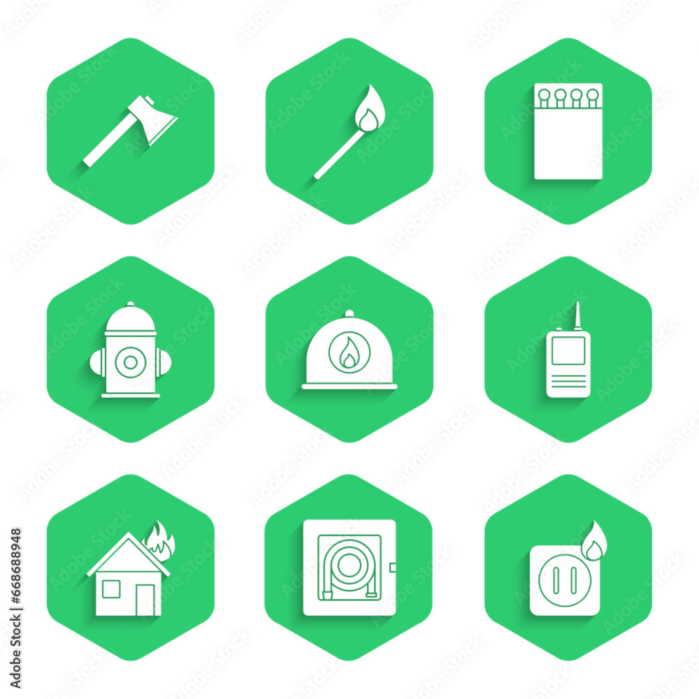 Set Firefighter helmet, hose cabinet, Electric wiring of socket fire, Walkie talkie, burning house, hydrant, Open matchbox and matches and axe icon. Vector Set Firefighter helmet, hose cabinet, Electric wiring of socket fire, Walkie talkie, burning house, hydrant, Open matchbox and matches and axe icon. Vector