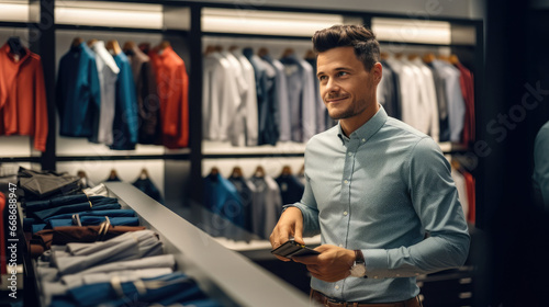 Young man in smart casual is choosing shirts in clothing store.