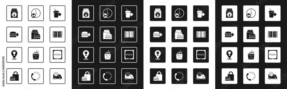 Set Coffee cup to go, Online ordering and burger delivery, Restaurant cafe menu, Clock 24 hours, Pizza cardboard box and Alcohol beer bar location icon. Vector Set Coffee cup to go, Online ordering and burger delivery, Restaurant cafe menu, Clock 24 hours, Pizza cardboard box and Alcohol beer bar location icon. Vector