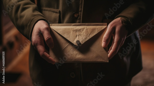 A mulher está segurando um envelope verde com um botão de madeira photo
