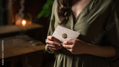 A mulher está segurando um envelope verde com um botão de madeira photo