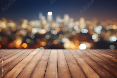 Empty wooden deck table and abstract night city light bokeh background