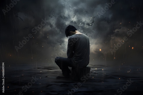 Depressed man sitting on the stump and looking at stormy sky