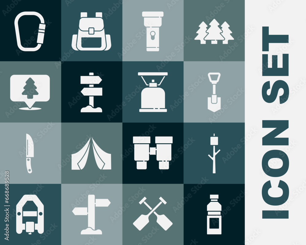 Φωτογραφία Set Bottle of water, Marshmallow on stick, Shovel, Flashlight, Road traffic signpost, Location the forest, Carabiner and Camping gas stove icon