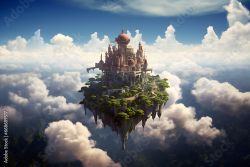 Unreal fantasy castle on island floating in the sky. Neural network generated image. Not based on any actual person or scene. © lucky pics