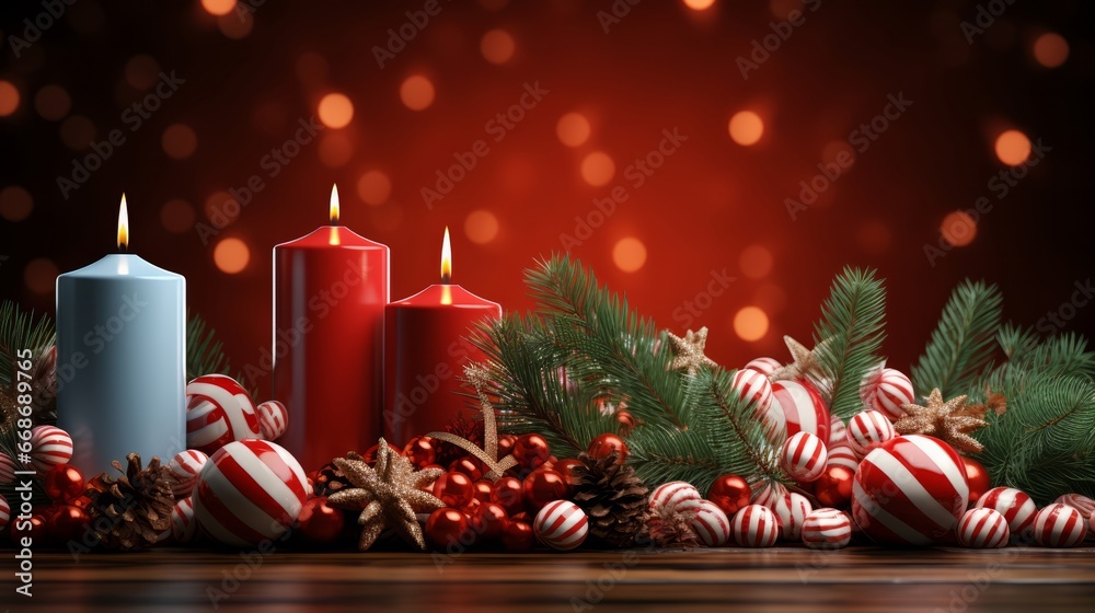 Red christmas background with fir branches and candy cane. Generative AI. Red christmas background with fir branches and candy cane. Generative AI.
