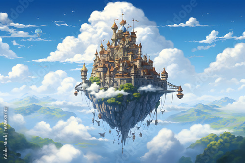 Unreal fantasy castle on island floating in the sky. Neural network generated image. Not based on any actual person or scene. © lucky pics