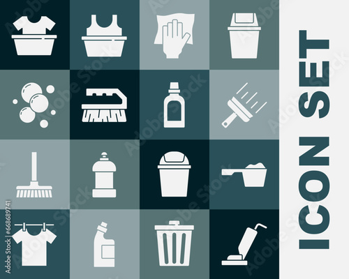 Set Vacuum cleaner, Washing powder, Rubber for windows, Cleaning service, Brush cleaning, Soap water bubbles, Basin with shirt and Bottle agent icon. Vector