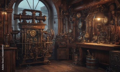 Steampunk background. Mechanisms, gears, light bulbs and clocks