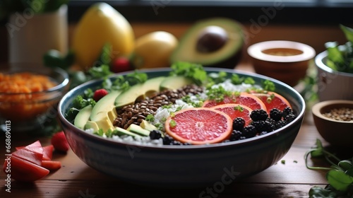 Vegan Salad, Veggie bowl with green vegetables and fruits, spinach, avocado, grapefruit.