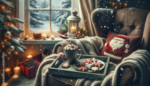 Christmas Eve setting, cozy armchair by a window, tray with hot chocolate, marshmallows, Santa-shaped cookies, backdrop of falling snow.