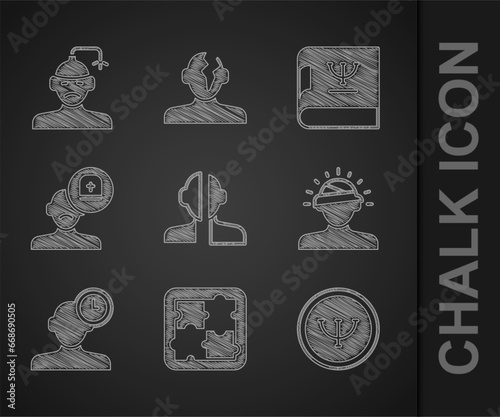 Set Bipolar disorder, Solution problem in psychology, Psychology, Concussion, headache, Insomnia, Male doctor, book and icon. Vector