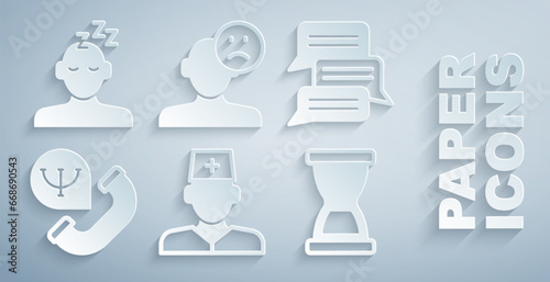 Set Male doctor, Online psychological counseling, Old hourglass, Sad and depressed man, bad mood and Dreams icon. Vector