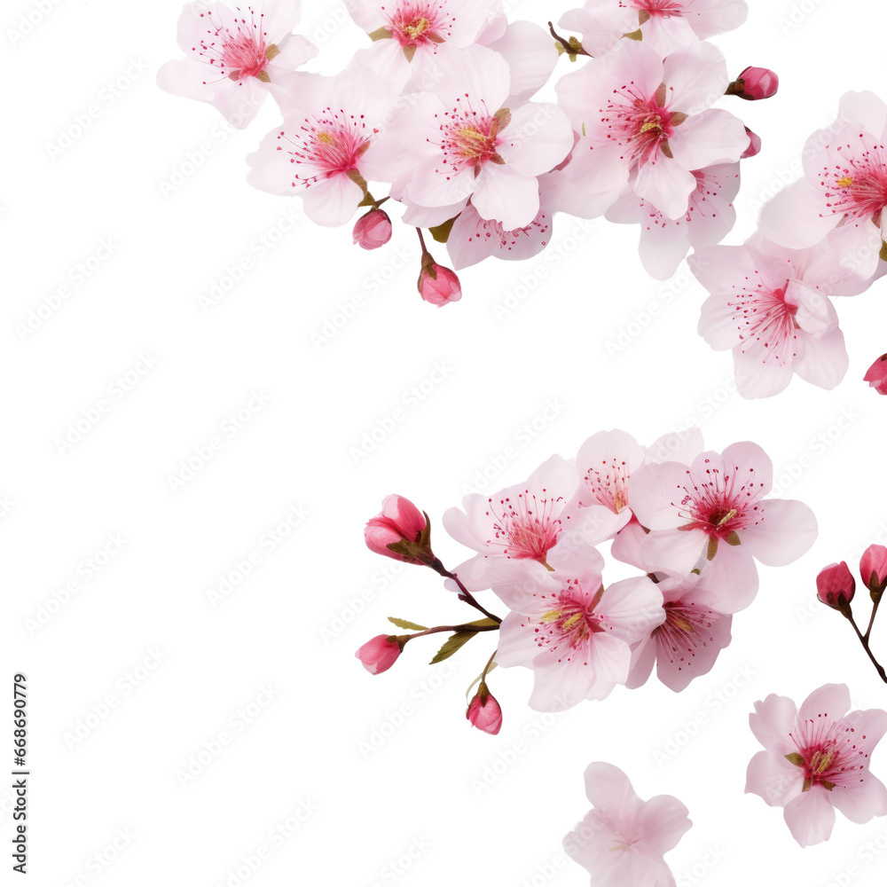 Spring sakura cherry blooming flowers bouquet. Isolated realistic pink petals, blossom, branches, leaves. Spring tree illustration