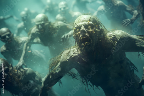 Group of zombies underwater. Neural network generated image. Not based on any actual person or scene.