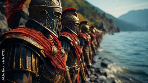 Spartan army Spartan soldiers lined up faceless. Generative AI.