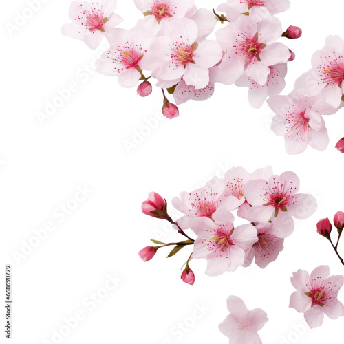 Spring sakura cherry blooming flowers bouquet. Isolated realistic pink petals  blossom  branches  leaves. Spring tree illustration