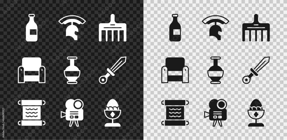 Obraz premium Set Bottle of wine, Roman army helmet, Hairbrush, Papyrus scroll, Retro cinema camera, Chicken egg on stand, Armchair and Ancient amphorae icon. Vector