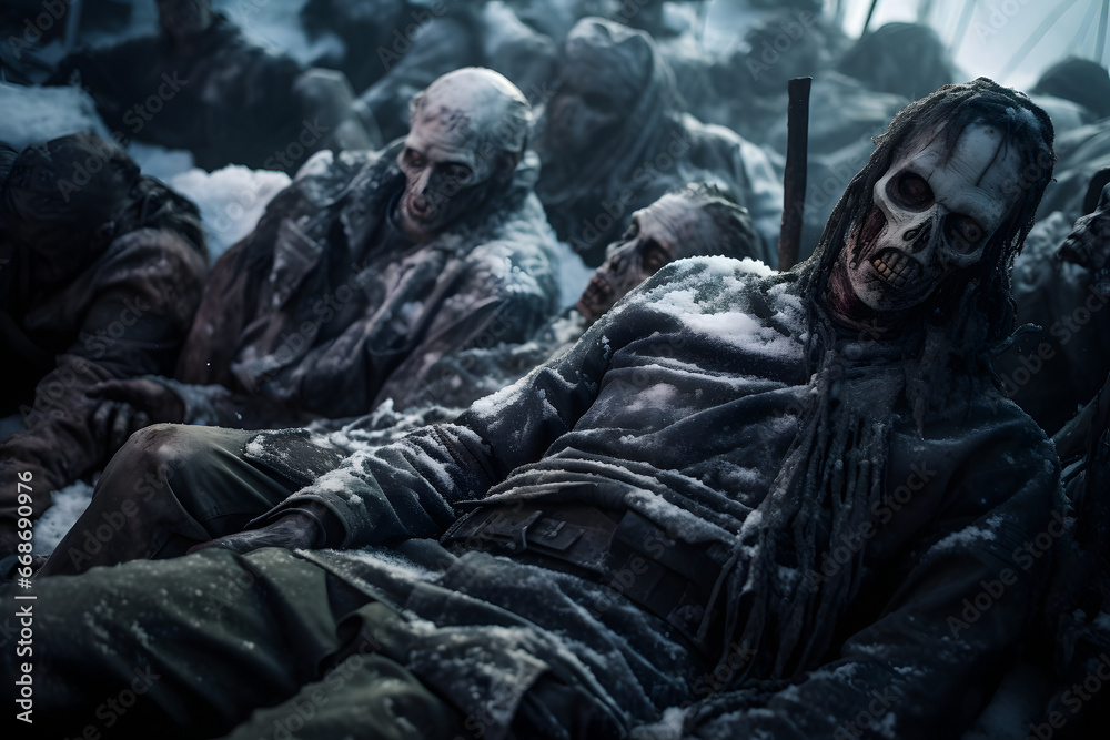 group of zombies at winter laid on the ground covered with snow. Neural network generated image. Not based on any actual person or scene. group of zombies at winter laid on the ground covered with snow. Neural network generated image. Not based on any actual person or scene.