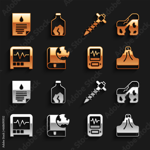 Set Earth globe and book, Geological fault, Volcano, Seismograph, Construction jackhammer, Oil drop document and Ore mining icon. Vector