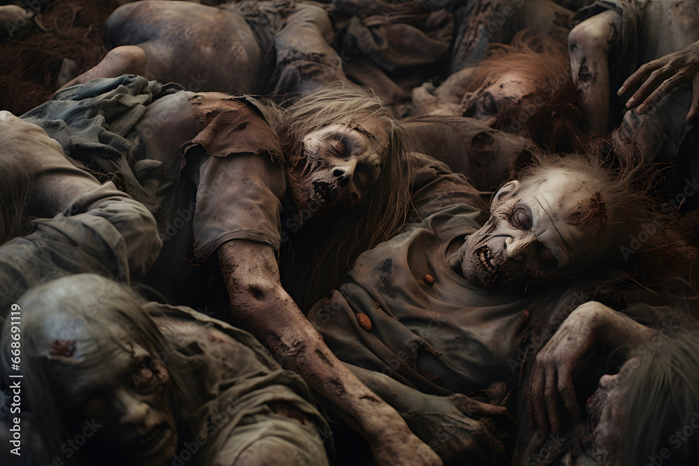 group of zombies sleeping on the floor one over another at early morning. Not based on any actual person, scene or pattern.