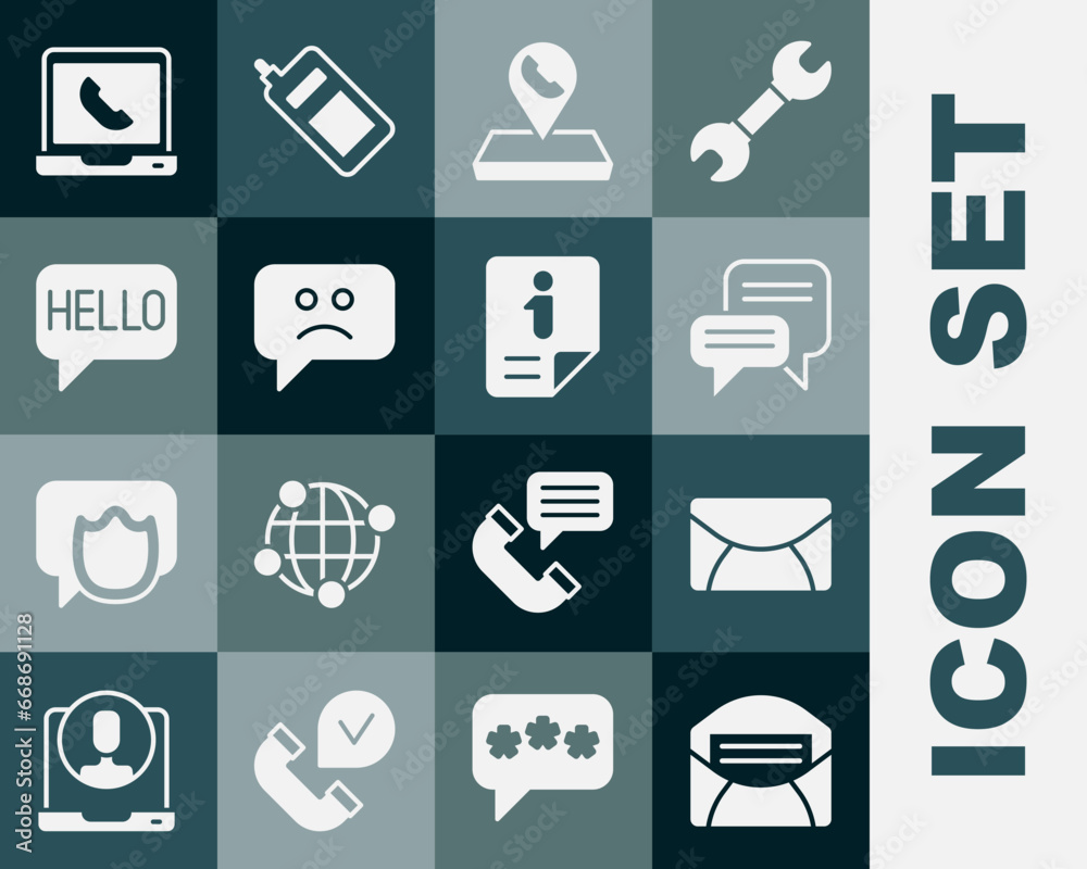 Set Mail and e-mail, Speech bubble chat, Call center location, Sad smile, Hello in different languages, Telephone 24 hours support and Information icon. Vector Set Mail and e-mail, Speech bubble chat, Call center location, Sad smile, Hello in different languages, Telephone 24 hours support and Information icon. Vector