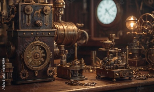 Steampunk background. Mechanisms, gears, light bulbs and clocks