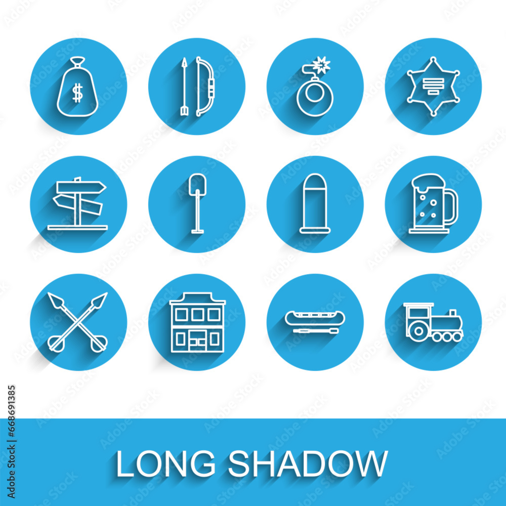 Set line Crossed arrows, Wild west saloon, Money bag, Kayak or canoe and paddle, Retro train, Shovel, Wooden beer mug and Bullet icon. Vector Set line Crossed arrows, Wild west saloon, Money bag, Kayak or canoe and paddle, Retro train, Shovel, Wooden beer mug and Bullet icon. Vector