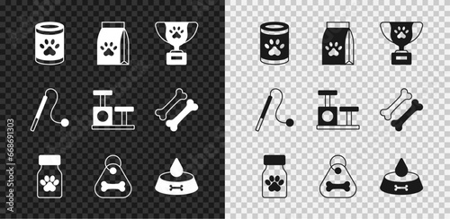 Set Canned food, Bag of for pet, Pet award symbol, Medicine bottle and pills, Dog collar with bone, bowl cat dog, toy and Cat scratching post icon. Vector