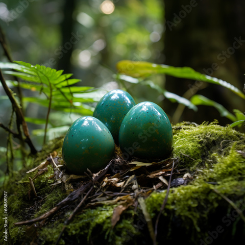 green eggs in a nest on the forest floor