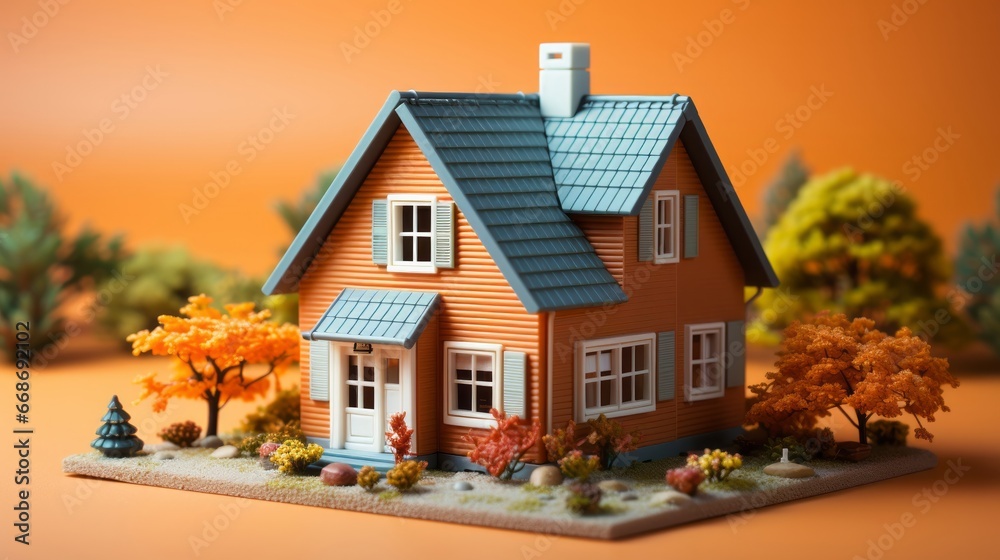 Toy house on orange background. Generative AI. Toy house on orange background. Generative AI.